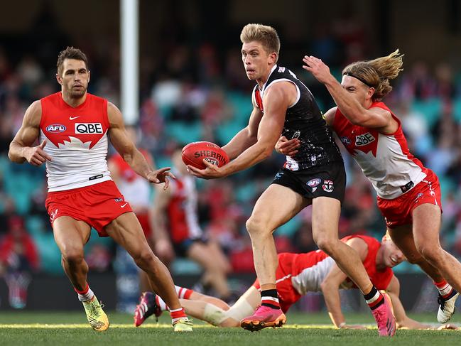 St Kilda’s Seb Ross and his partner welcomed twins in May. Picture: Cameron Spencer/Getty Images