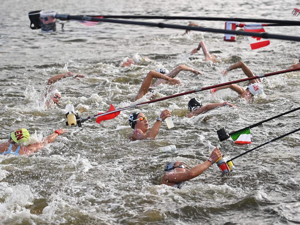 Viewers were intrigued after seeing how the marathon swimmers receive mid race hydration. Picture: Oli Scarff / AFP