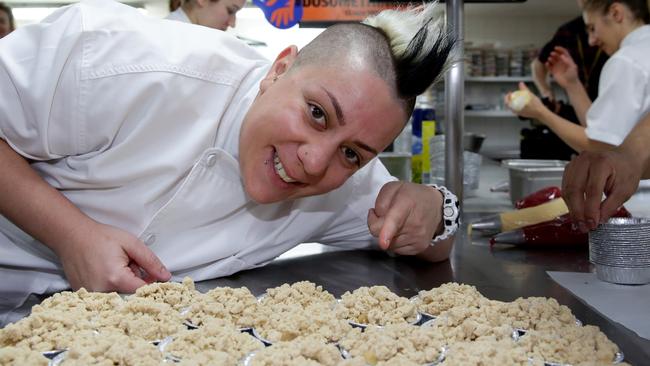 Award winning pastry chef Anna Polyviou baking pies for DoSomething! Day at the Shangri La hotel at Circular Quay that will be handed out in Martin Place by OzHarvest. Picture: Craig Wilson