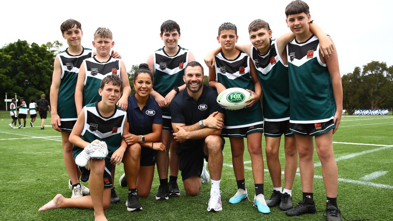 James Tedesco and Tiana Penitani with kids from the Irrawang Hornets during the 2023 Fox Sports Clontarf Oz Tag Challenge at Easts Rugby Club. Picture: Fox Sports / Brett Costello