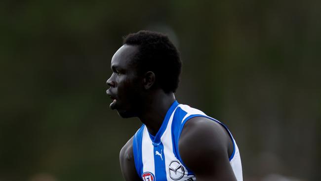 Bigoa Nyuon, playing for the Kangaroos last season, has joined the Ballarat Swans. Photo by Dylan Burns/AFL Photos via Getty Images