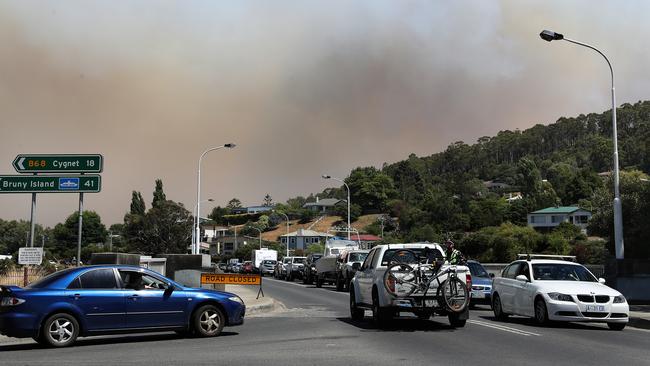 The bridge at Huonville was closed while a community meeting was held at the local PCYC centre relating to the bushfire. Bushfires continue to burn around the Huon Valley area. Picture: NIKKI DAVIS-JONES