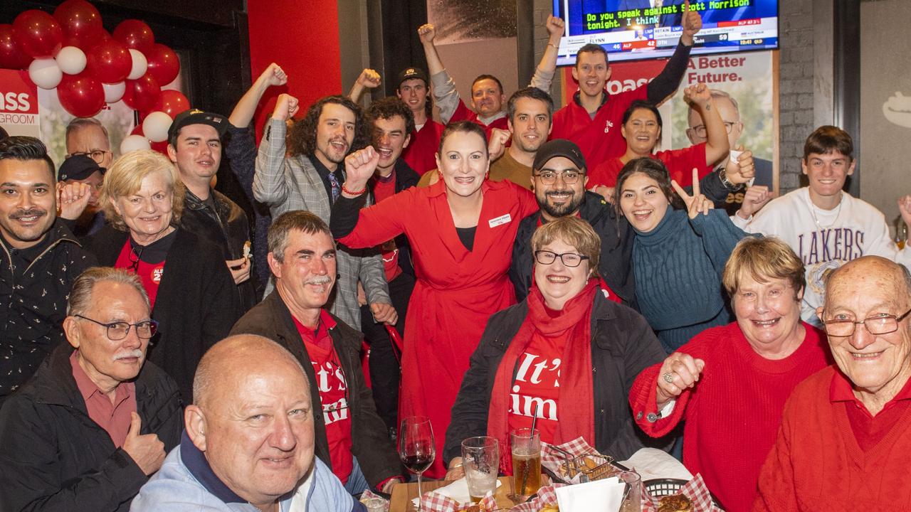 Groom candidate Genevieve Allpass and her team celebrate a swing from the LNP in Groom. Election party at Tailgate Sports Bar. Saturday, May 21, 2022. Picture: Nev Madsen.