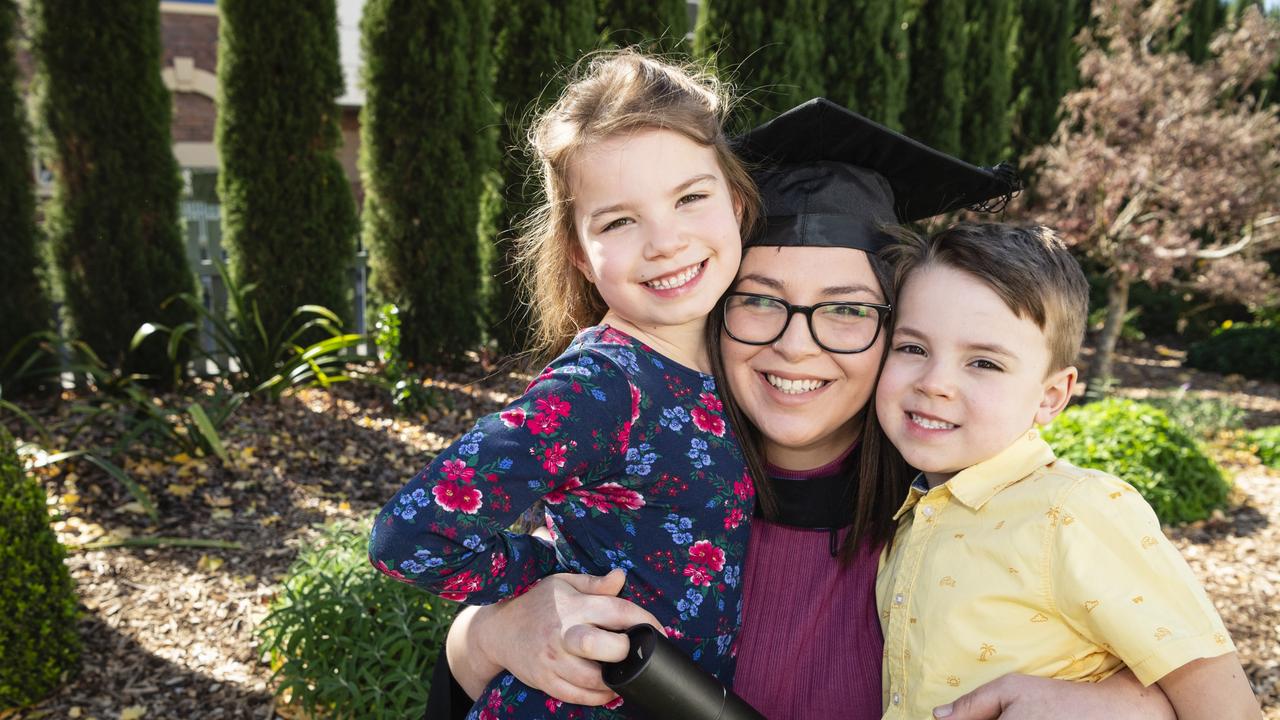 Bachelor of Biomedical Sciences graduate Maddi Geyer with her daughter Ava Loomans and son Noah Loomans at a UniSQ graduation ceremony at Empire Theatres, Wednesday, June 28, 2023. Picture: Kevin Farmer