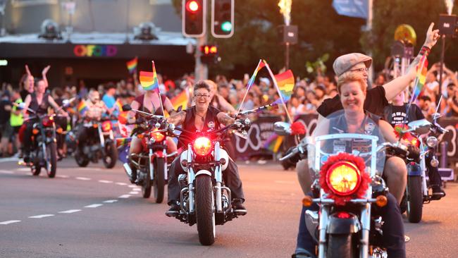 The Dykes on Bikes prepare the way for the hundreds of other floats. Picture: Damian Shaw