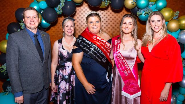 Jody Allen (second from the left), Showgirl and Charity Showgirl Bronte O'Sullivan (middle) and 2022 Junior Showgirl Summer Lipke (second from the right) at the 2022 Gympie Show Ball. Photo: Contributed