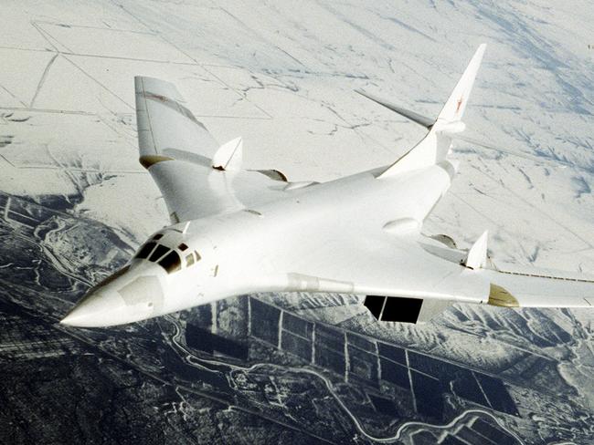 A Tupolev-160 warplane during combat training flight near the Engels air force base in the Saratov region, about 700km southeast of Moscow, December, 1997. Picture: AP