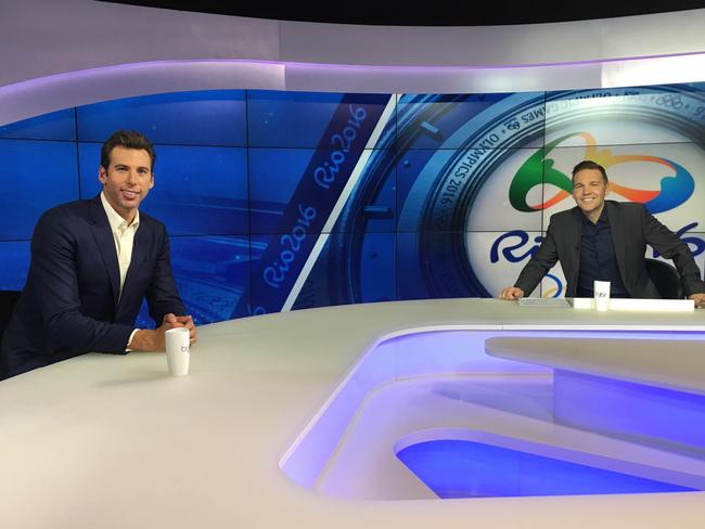 Grant Hackett on the Al Jazeera set in Doha, Qatar, where he is co-hosting an Olympics program alongside Andy Kerr.