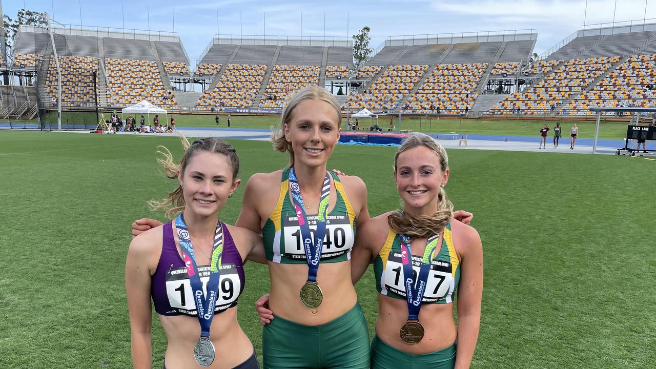 The 17 years steeplechase medallists – Maya Mullins, Milla Roberts (gold) and Matilda Lee pictured together at the recent QRSS championship.