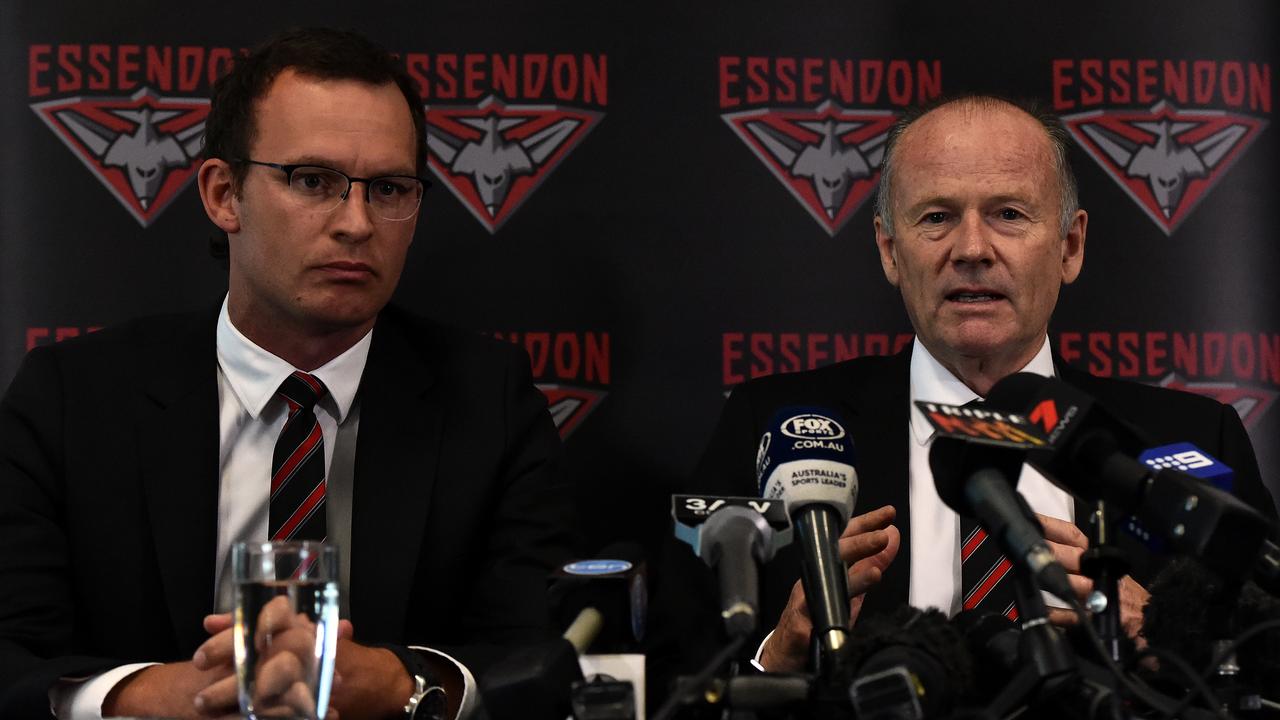 Then CEO Xavier Campbell (left) and then Chairman Lindsay Tanner at a press conference following the Essendon 34 suspensions. Picture: AAP Images