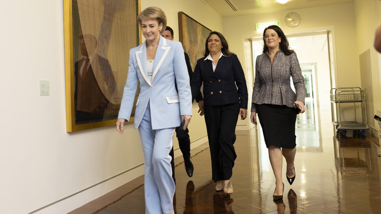 Michaelia Cash and Jacinta Nampijinpa Price arriving at the Liberal Party room meeting for the leadership vote. Picture: NewsWire / David Beach