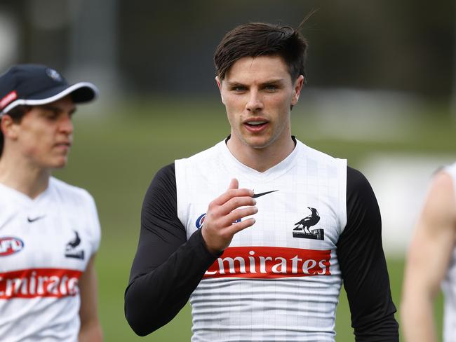 Oliver Henry of the Magpies looks on during a Collingwood Magpies AFL training session at Olympic Park Oval. Picture: Daniel Pockett