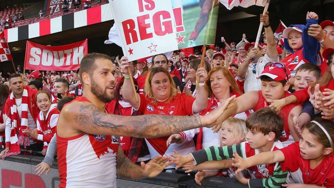 Lance Franklin celebrates the Round 9 win with fans. Picture: Getty Images