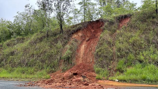 Landslides have disrupted the Bruce Highway north of Bloomsbury on January 17, 2023. Traffic control is now in place. Picture: Heidi Petith.