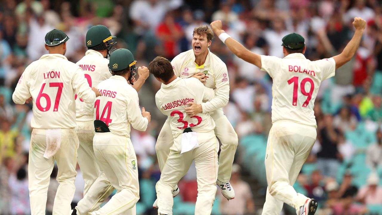 Steve Smith of Australia celebrates his wicket. Photo by Mark Kolbe/Getty Images