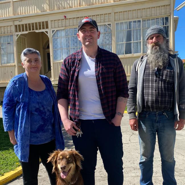 Flint House sit manager Chris croft, his dog Frank and residents Linda Griggs and Trevor Genge