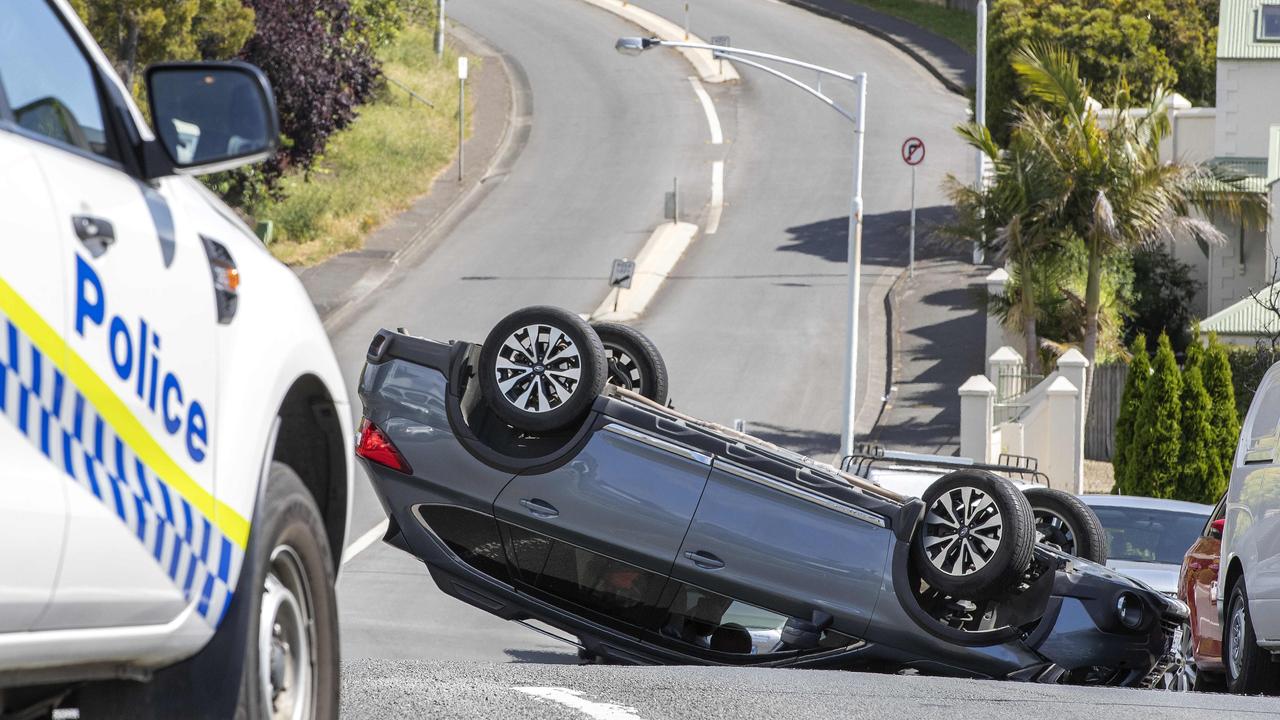 Single vehicle crash on Regent Street at Sandy Bay. Picture: Chris Kidd