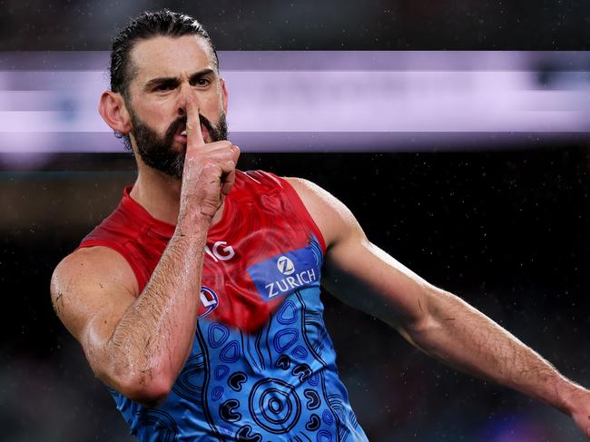 ADELAIDE, AUSTRALIA - MAY 19: Brodie Grundy of the Demons celebrates a goal during the 2023 AFL Round 10 match between Yartapuulti/Port Adelaide Power and Narrm/Melbourne Demons at Adelaide Oval on May 19, 2023 in Adelaide, Australia. (Photo by James Elsby/AFL Photos via Getty Images)