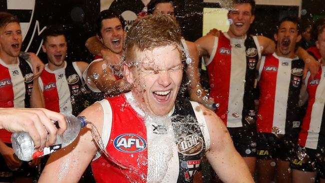 Dan Hannebery is drenched after his first win as a Saint.