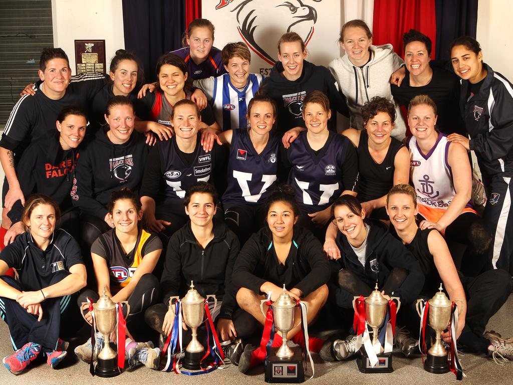 The Darebin Falcons, featuring Daisy Pearce (middle), Jane Lange (next to Daisy), Natalie Wood (bottom left) and Julia Chiera (bottom row, third from left)