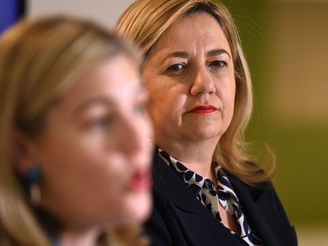 BRISBANE, AUSTRALIA - NewsWire Photos - MAY 2, 2023. Queensland Premier Annastacia Palaszczuk watches Attorney General Shannon Fentiman as she speaks at the launch of the Love Â­ Control campaign, as part of the Palaszczuk Government's ongoing efforts to tackle domestic and family violence. Picture: Dan Peled / NCA NewsWire