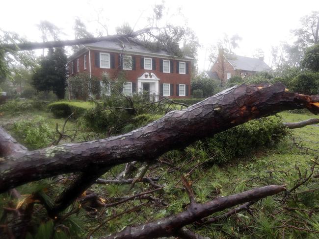 Toppled trees land in the yard and on a home in Wilmington, North Carolina. Picture: AP/Chuck Burton
