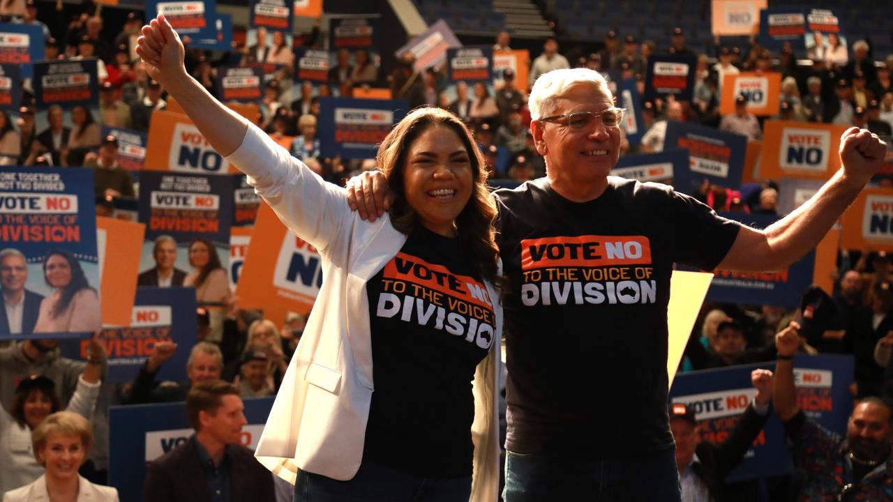 Jacinta Nampijinpa Price and Warren Mundine (right) closed their event by getting a group picture with their supporters. Picture: NCA NewsWire/Philip Gostelow.