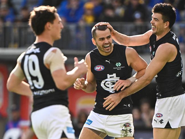 Brodie Kemp played one of his best games for the club, kicking four goals. Picture: Daniel Carson/AFL Photos via Getty Images.