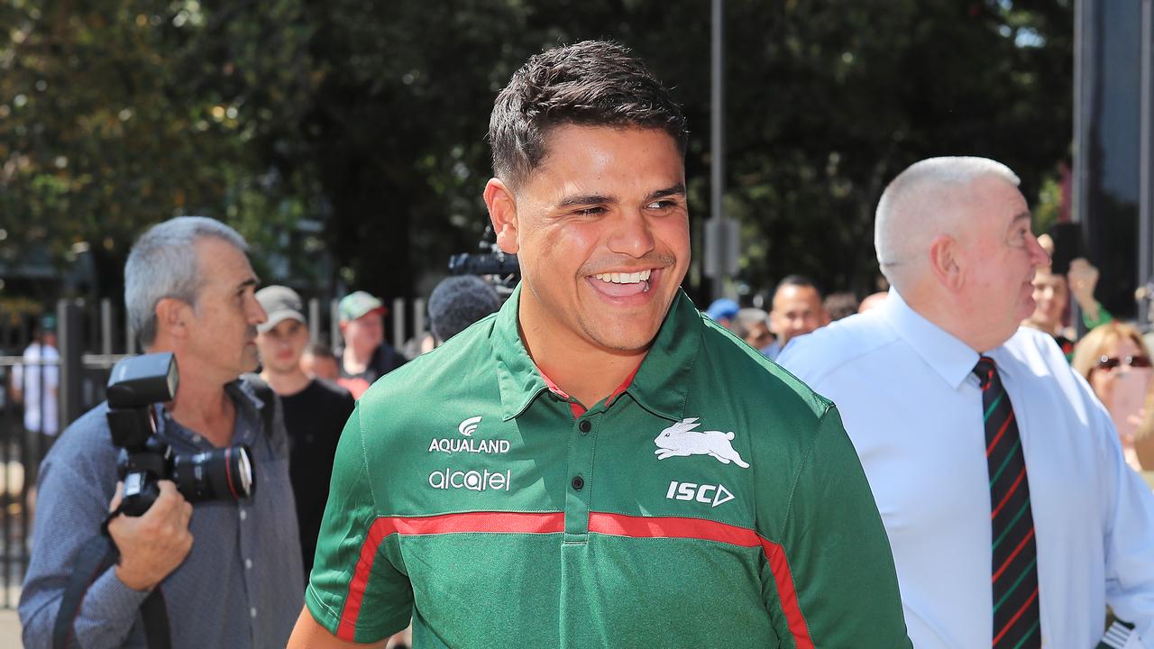 Latrell Mitchell arrives for a South Sydney Rabbitohs press conference