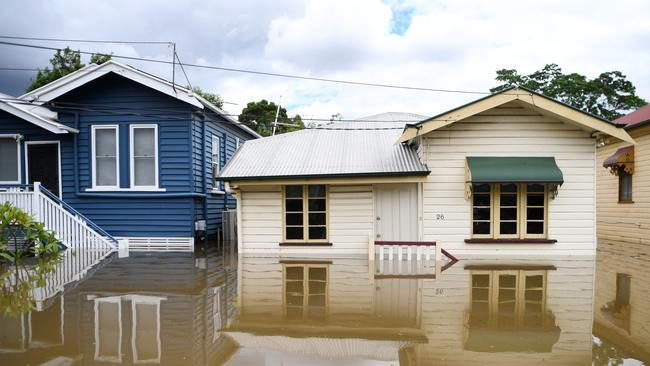 Houses inundated by floodwater in Auchenflower in February. Picture: NCA NewsWire / Dan Peled