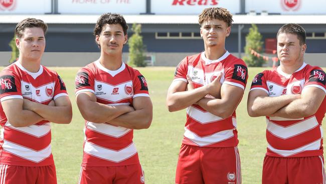 Palm Beach Currumbin SHS players Zane Harrison, Sunny Kama, Jac Finigan and Isaac Harrison ahead of the 2024 NRL National Schoolboys final. Picture: Palm Beach Currumbin.