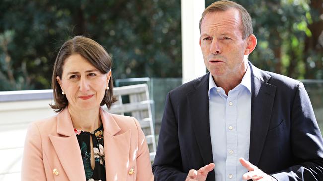 Premier Gladys Berejiklian and MP Tony Abbott at Bear Cottage on Saturday. Picture: Adam Yip