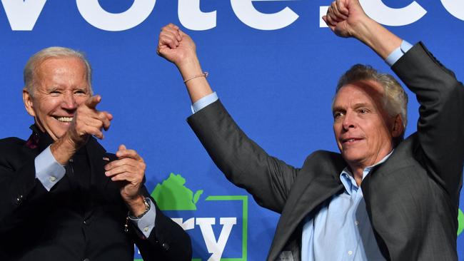 US President Joe Biden and Virginia Democratic gubernatorial candidate Terry McAuliffe, during a campaign event at Virginia Highlands Park in Arlington, Virginia. Picture: AFP