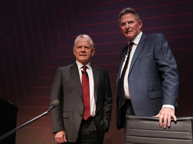 15/12/23: NAB Chair Philip Chronican (left) and CEO Ross McEwan at its Annual General Meeting at the Fullerton in Sydney. John Feder/The Australian.