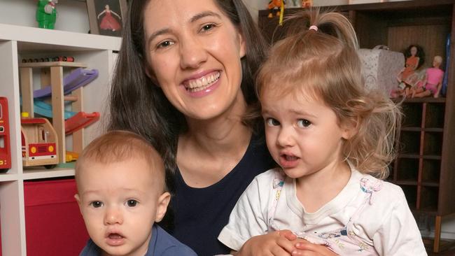 Parent podcast - Hannah MacLeod with her 2 year old daughter, Eloise, and 8 month old son, Alexander, at home. 25 march 2025. Picture: Dean Martin