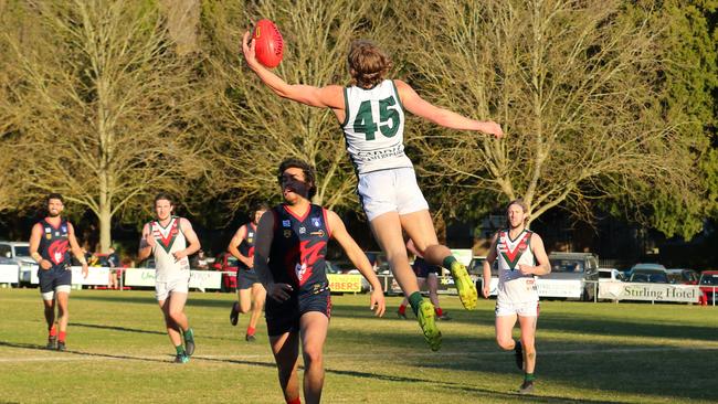 Isaac McCormick takes a spectacular one-handed mark for Blackwood against Uraidla Districts. Picture: Fi Zevenboom