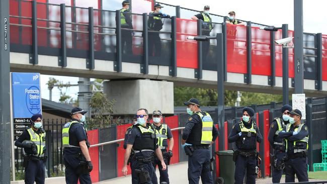 Police hit the streets of Footscray after protesters said they would meet at Footscray Market. Picture: David Crosling