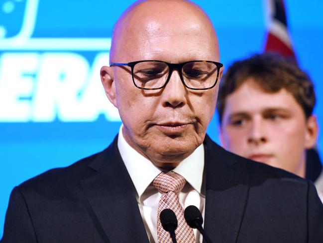 Peter Dutton concedes defeat during a Liberal Party election night event in Brisbane. Picture: Dan Peled