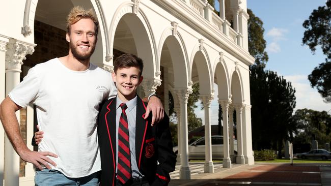 Jack Hombsch and cousin Olly Piro at Rostrevor College, where Olly is in Year 9 and Jack went to boarding school. Picture: Dylan Coker