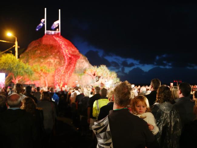 Crowds watch on during the Currumbin RSL dawn service on the Gold Coast.