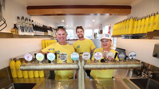 There is a new venue on the Gold Coast Called Holy Ship. They have converted two 1970 timber trawlers to a bar and restaurant that operate side by side on the Broadwater. Owners Kane McCarthy, Jake Ruttley and Yvette McCarthy toast their success. Picture Glenn Hampson