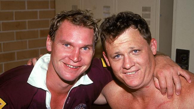 Allan ‘Alfie’ Langer and Kevin Walters celebrate after Queensland won Game 1 of the 1994 State of Origin series. Picture: Getty Images