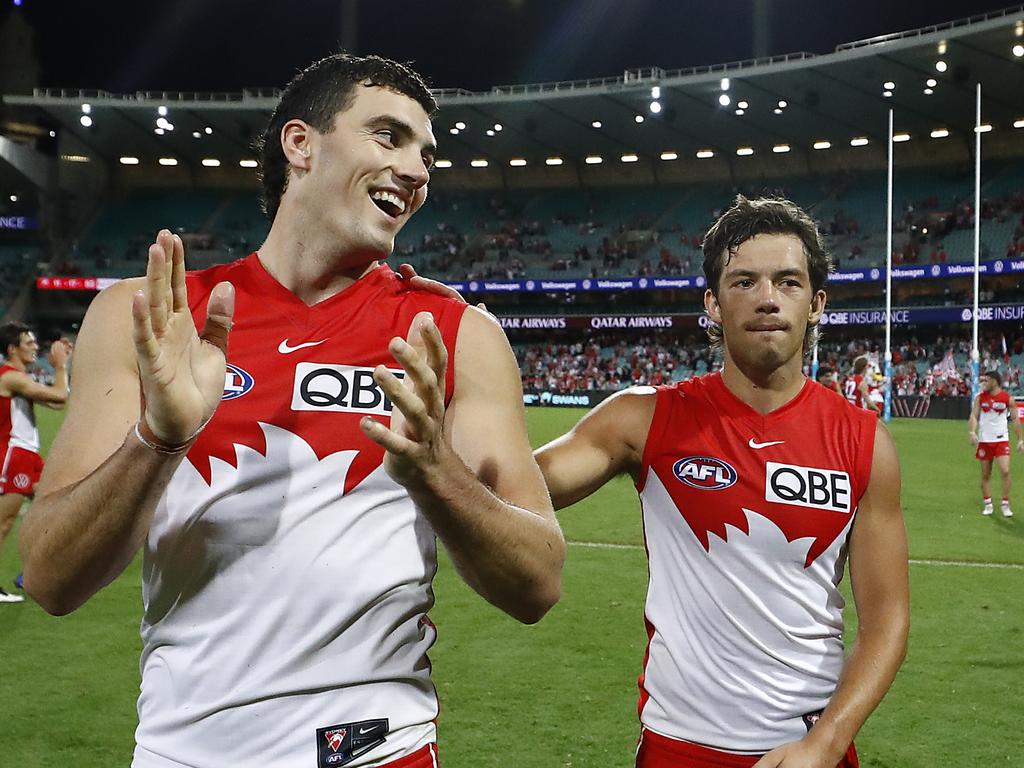 Tom McCartin and Oliver Florent of the Swans.