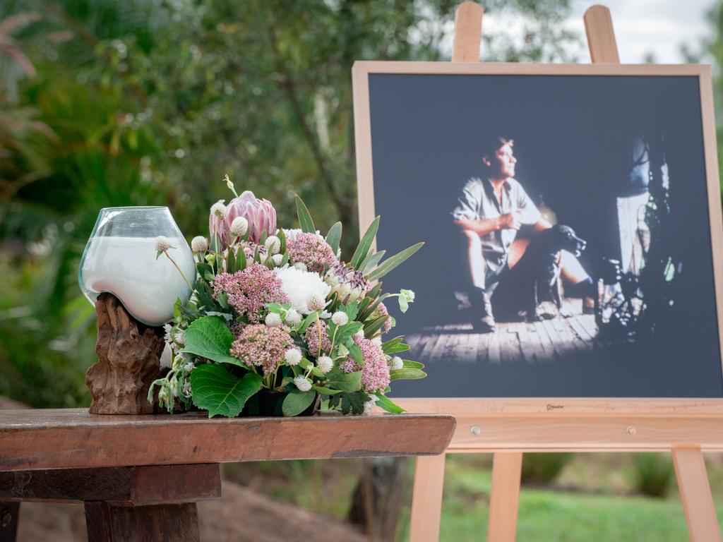 In the background, an easel carrying a photograph of Steve Irwin. Picture: Kate Berry