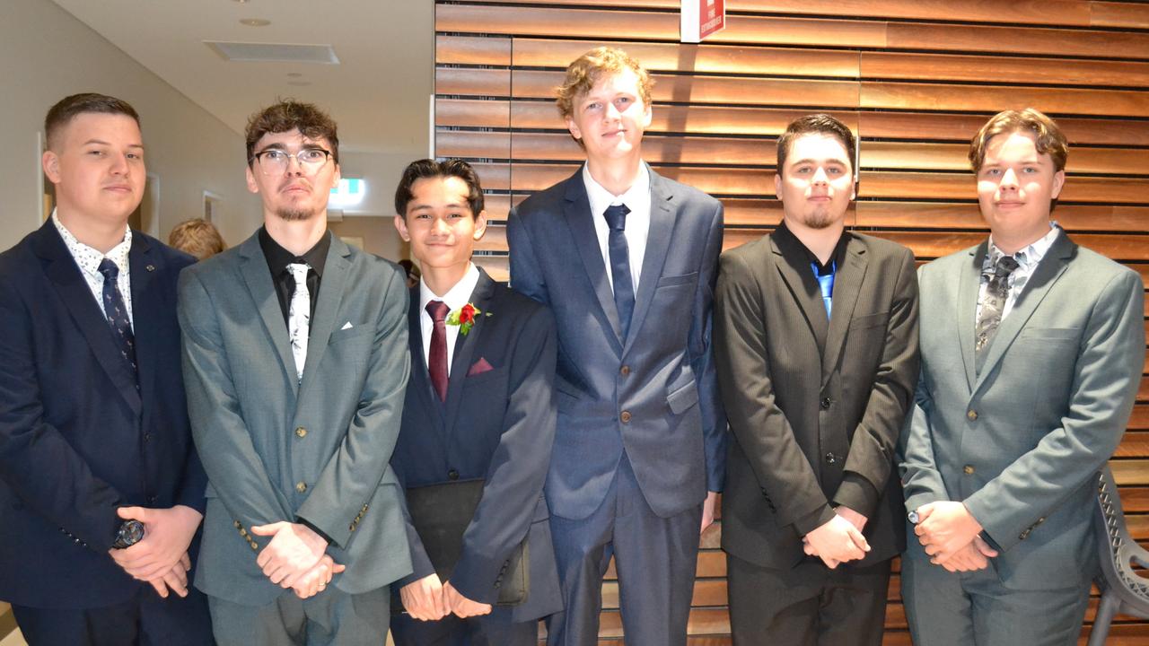 Jack Carpenter, Ryan Anderson, Lucien Thonon, Henri Moore, Bailey Vollbrecht and Louis Treton at Lowood State High School formal in Ipswich Civic Centre on Wednesday, November 13, 2024. Picture: Amber Blums