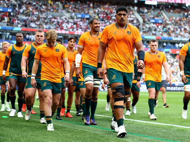 Will Skelton of Australia looks on as he leads players of Australia to tunnel prior to the Rugby World Cup in France. Picture: Chris Hyde/Getty Images