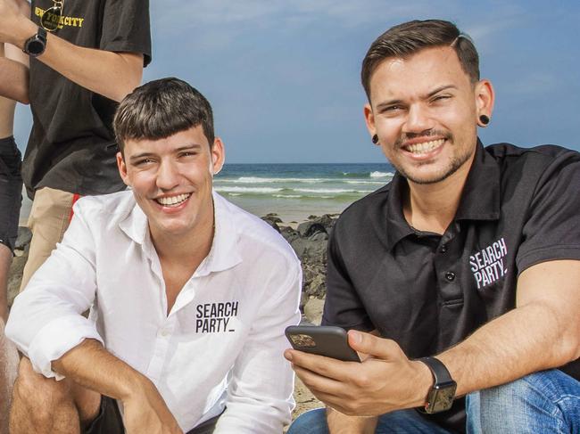 Jade Mulholland (black top) and Jessy Mulholland creators of the app and Kasey and mates who used it Search Party App was created after deaths at music festivals it helps  find friends and alert for help.Kasey, 17, used it last week at schoolies to find his mate who was in a medical tent.L-R: 17-year-olds Kasey Hatton, Hunter Grove-McGrath, Chris Barrett (*CHRIS  WAS THE ONE FOUND BY HIS MATES*), Riley Watt  and Joel Cameron with App developers Jessy (white shirt) and Jade Mulholland (black top).Picture: NIGEL HALLETT