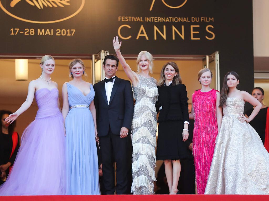 Elle Fanning, Kirsten Dunst, Colin Farrell,Nicole Kidman, Sofia Coppola, Angourie Rice and Addison Riecke pose as they arrive on May 24, 2017 for the screening of the film ‘The Beguiled’ at the 70th edition of the Cannes Film Festival in Cannes, southern France. Picture: AFP