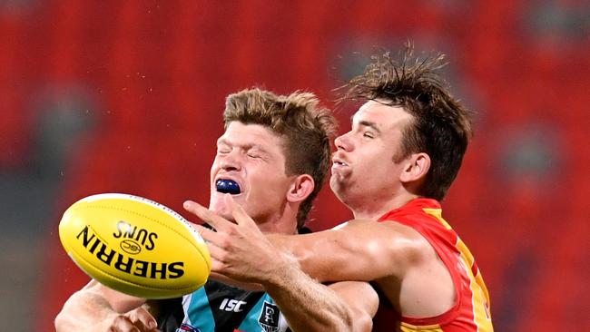 Mitch Georgiades excelled on AFL debut for Port Adelaide against Gold Coast before the AFL season was suspended. Picture: AAP Image/Darren England.