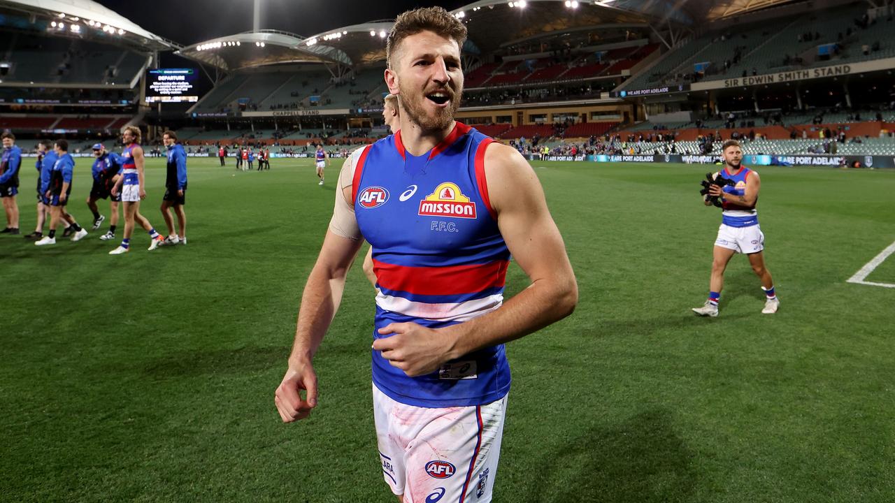 Marcus Bontempelli begins celebrations after booking a spot in the Grand Final. Picture: Getty Images